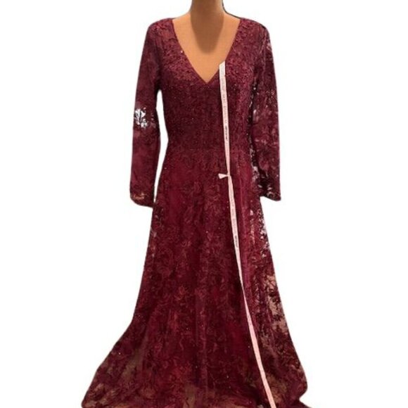 Mac Duggal Dresses & Skirts - Mac Duggal Beaded Floral Embroidered Long Sleeve A-Line Gown in Mahogany – SZ 6
